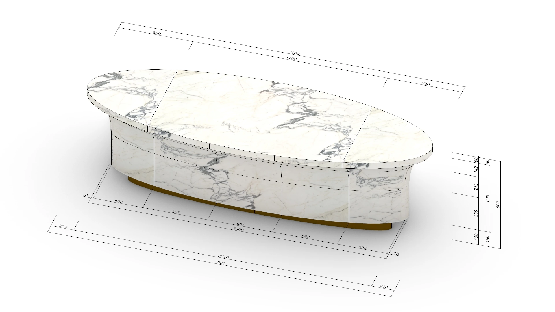 Rendering of curved marble reception desk in a soft gray-white stone scheme