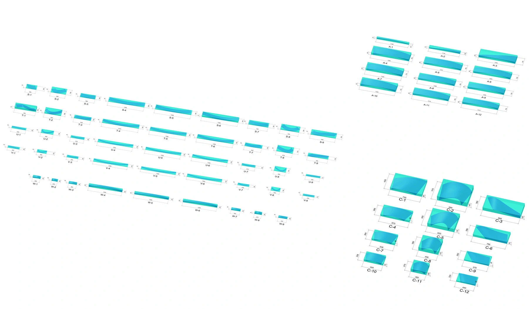Block-size diagrams for double-curved marble components of the reception desk