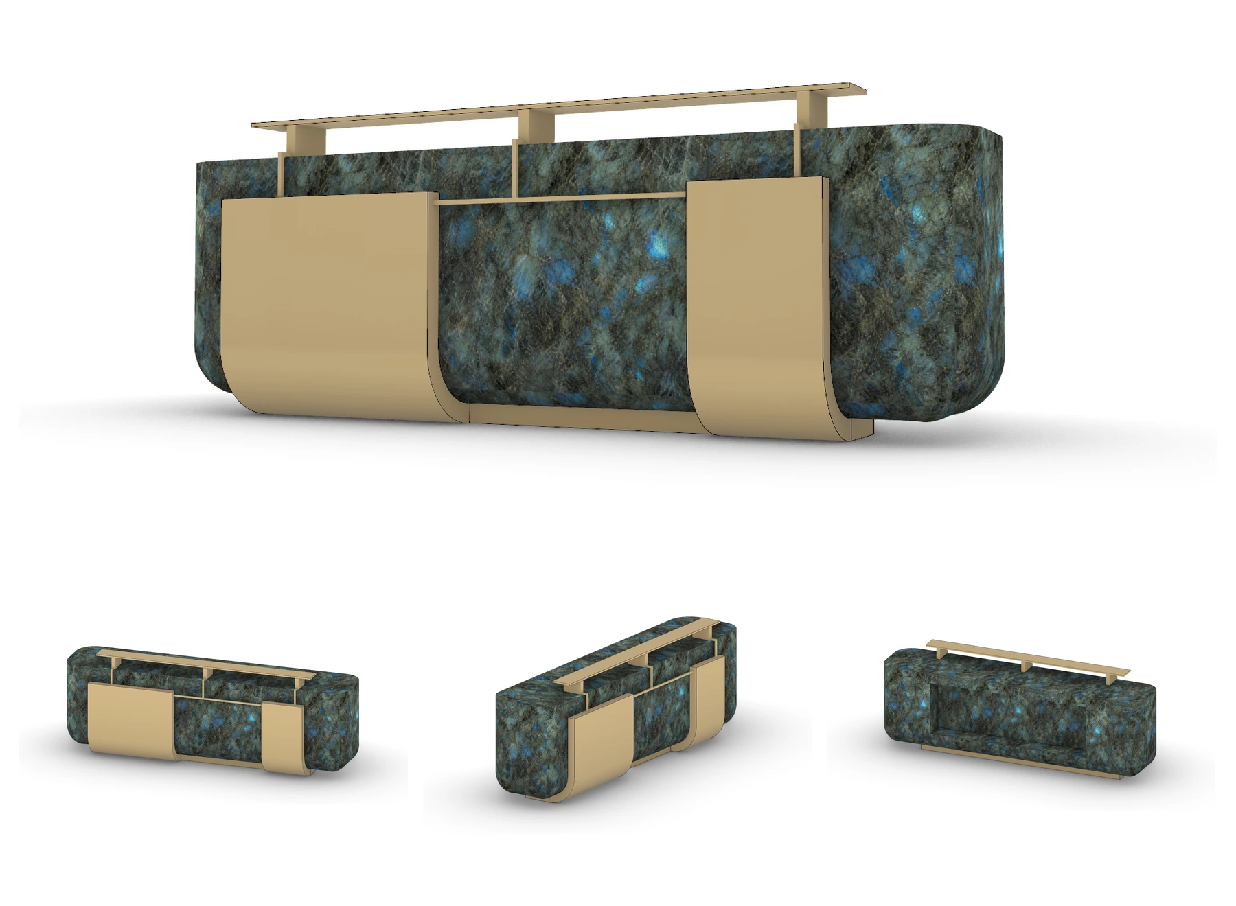 Four 3D views of a long Lemurian Blue granite reception desk with rounded ends and champagne-gold metal details