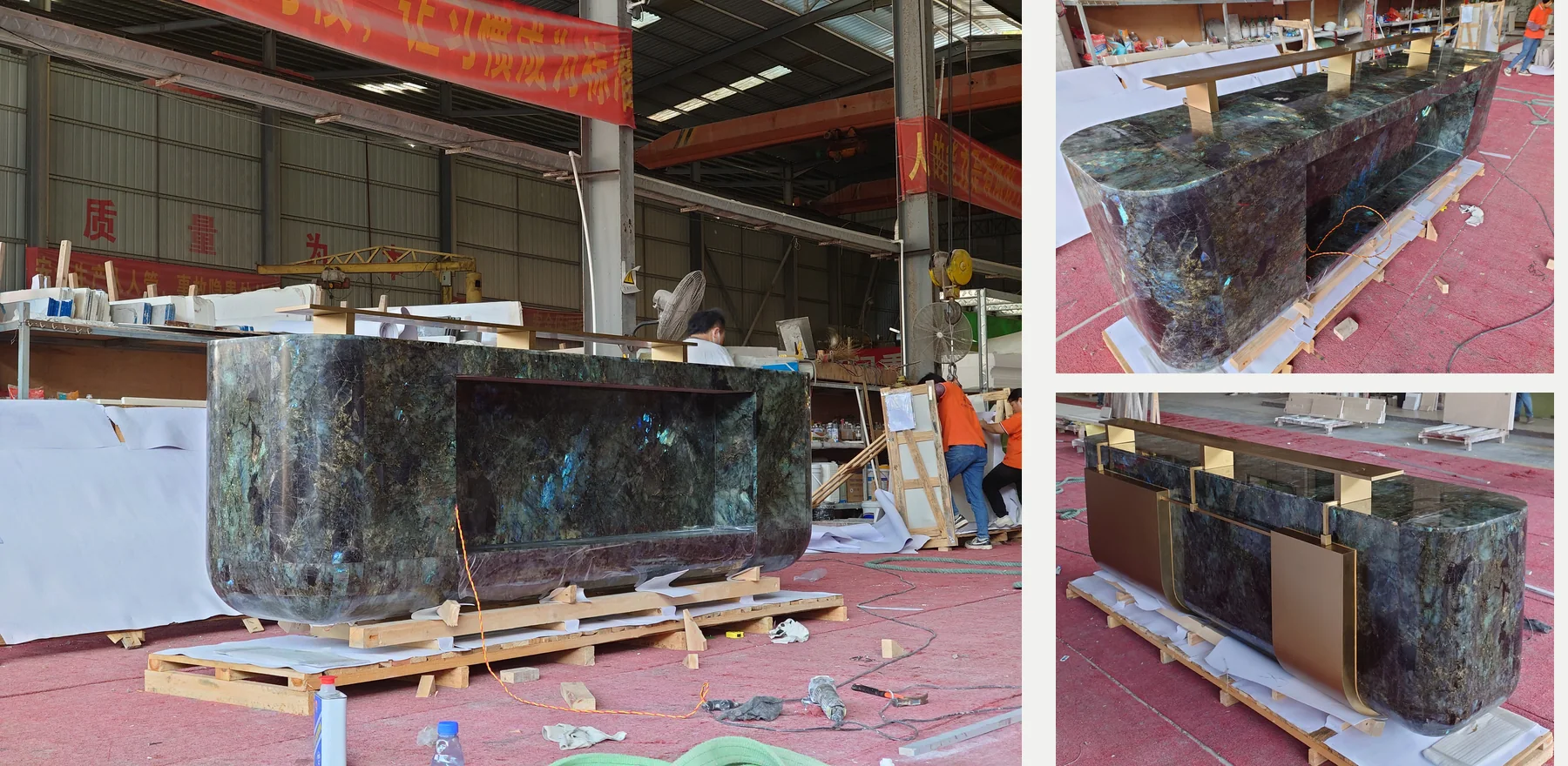 Three factory views of the Lemurian Blue granite reception desk assembled with champagne-gold metalwork
