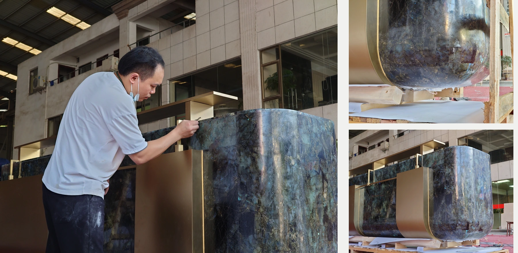Factory worker checking the curved Lemurian Blue granite end beside two finished detail views