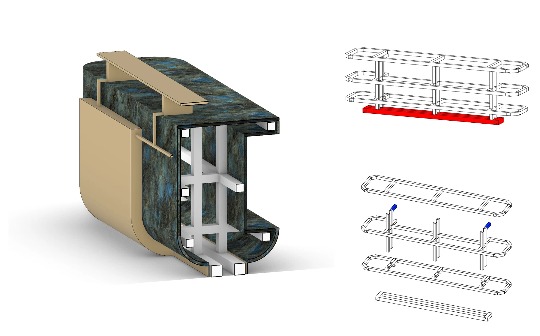 Cutaway model and line drawings of the layered internal steel frame and bottom ballast inside the reception desk