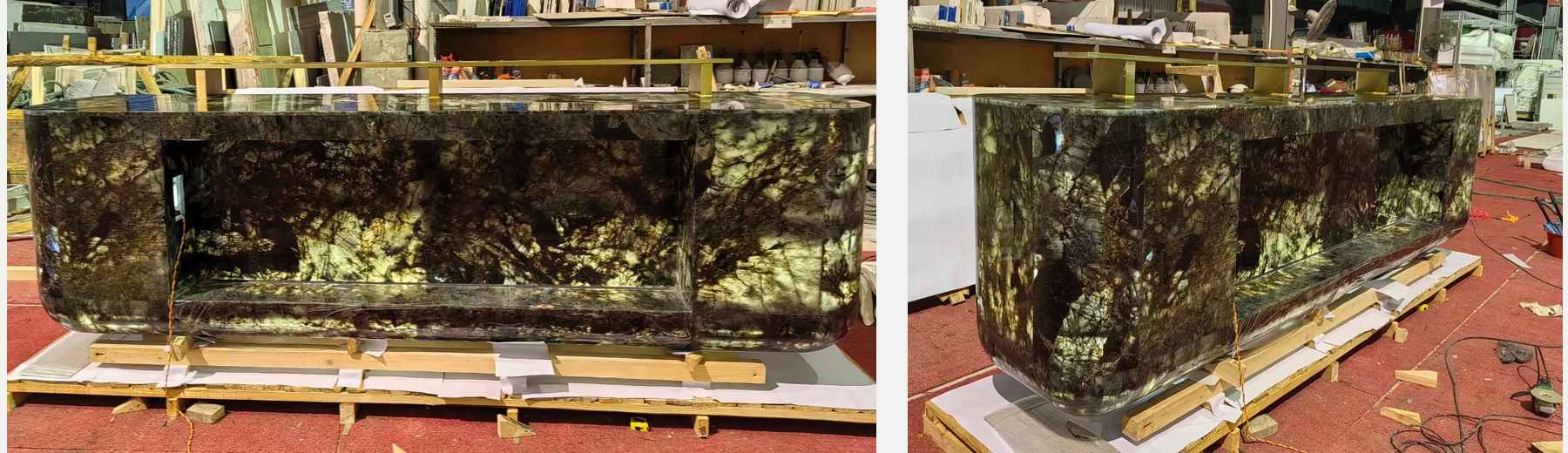 Two factory views of the Lemurian Blue granite reception desk illuminated from within at night