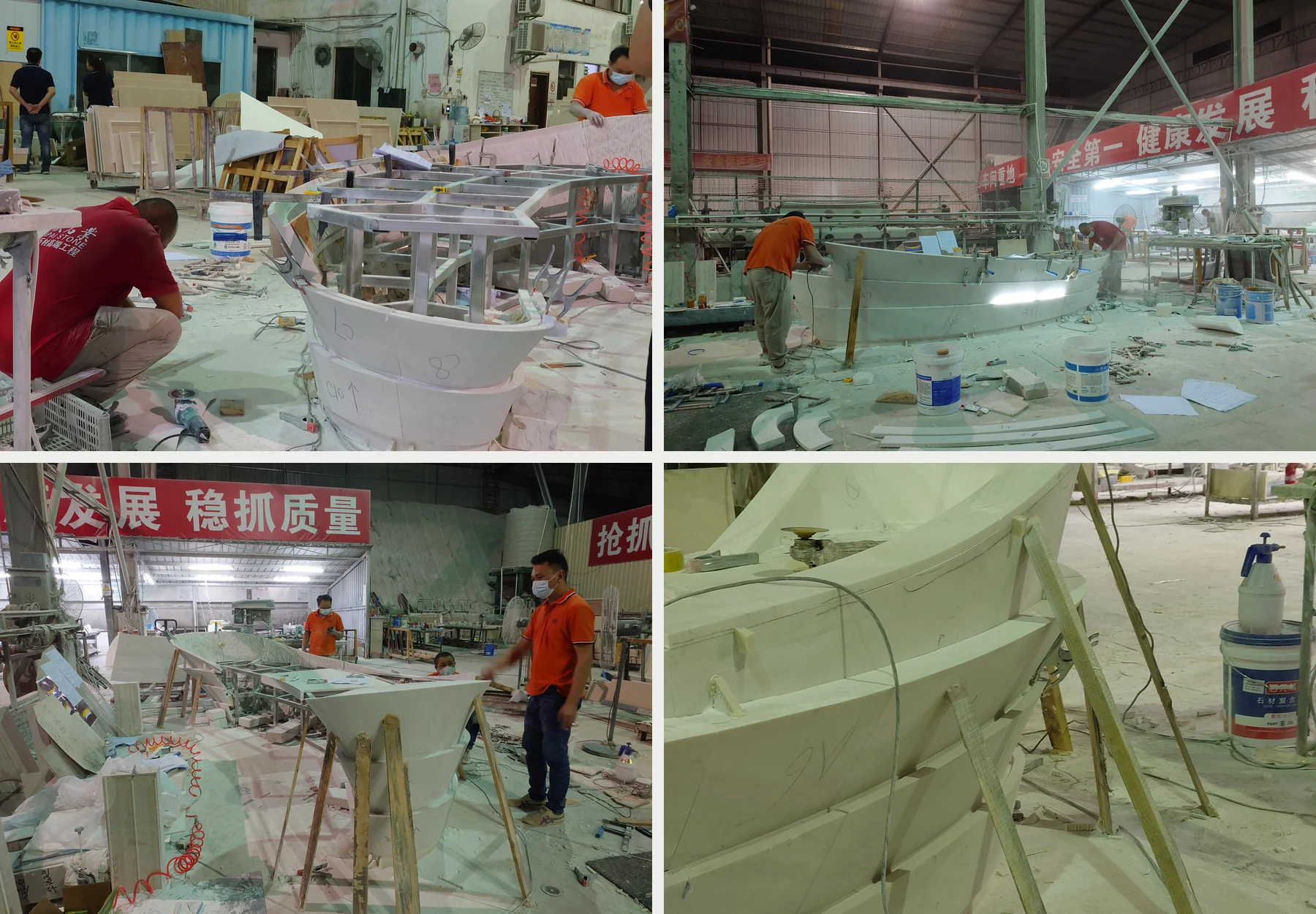 Four factory photographs showing assembly of the curved marble reception desk