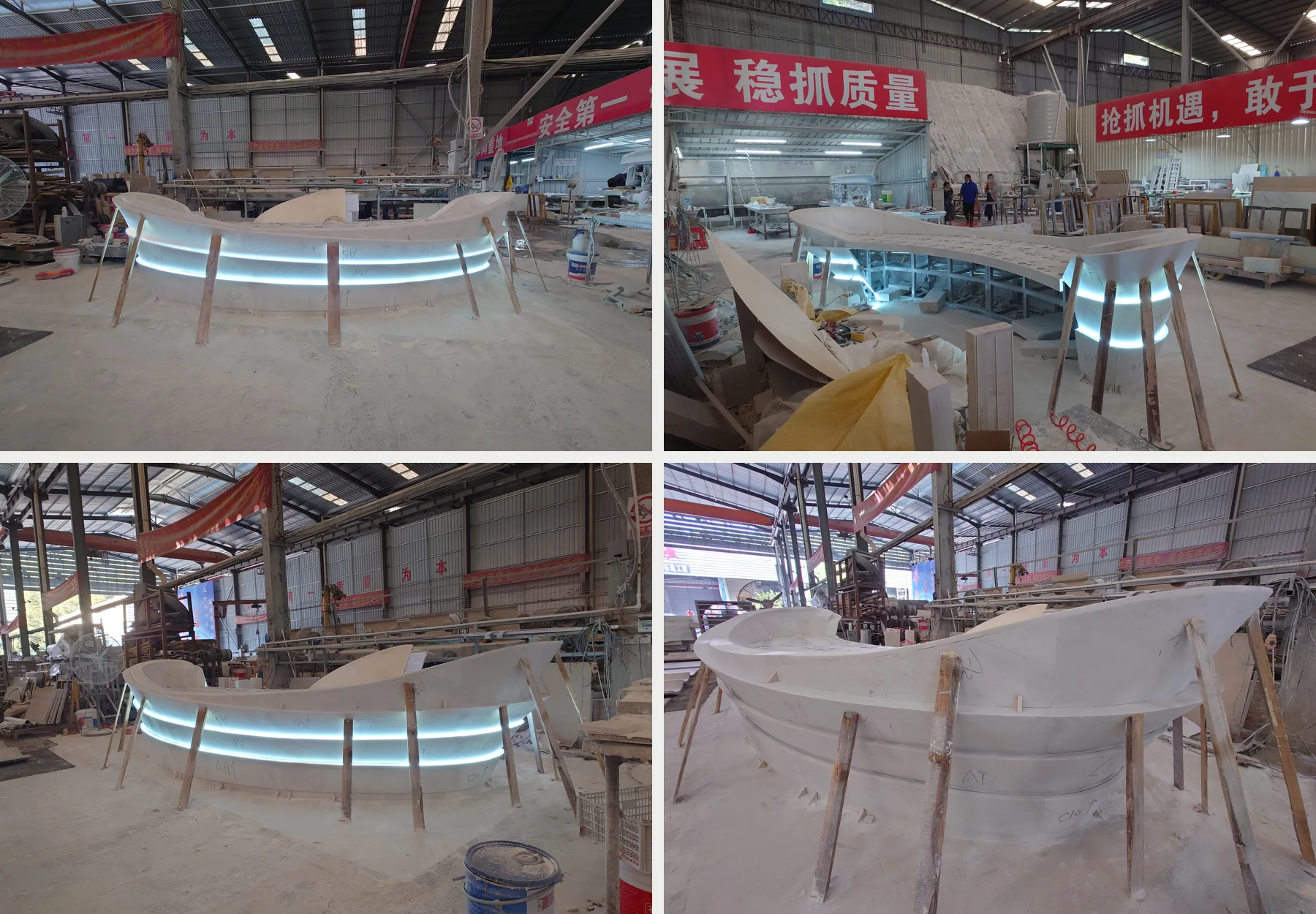 Four factory trial-assembly views of the full curved marble reception desk