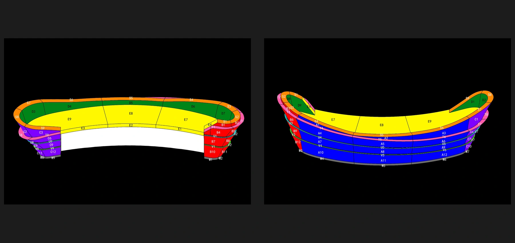 Front and rear component numbering plans for the curved marble reception desk