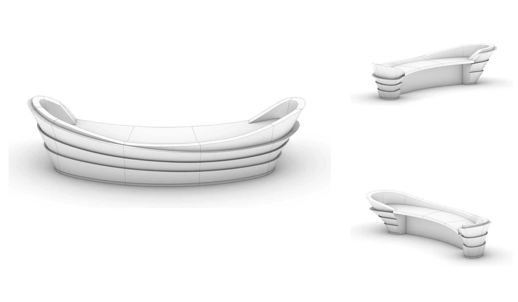 Three 3D model views of a 4.8-meter curved Sivec marble reception desk